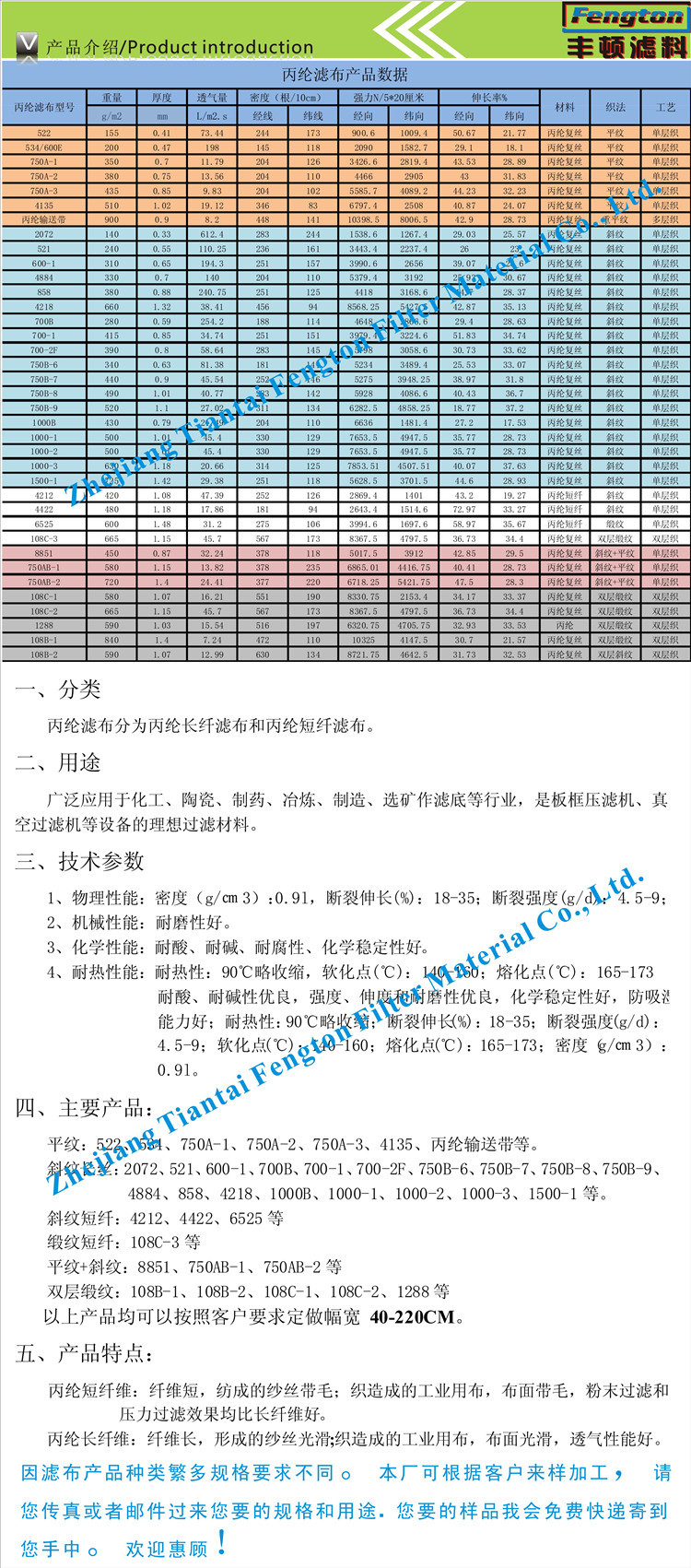 绣花包与锦纶滤布技术参数