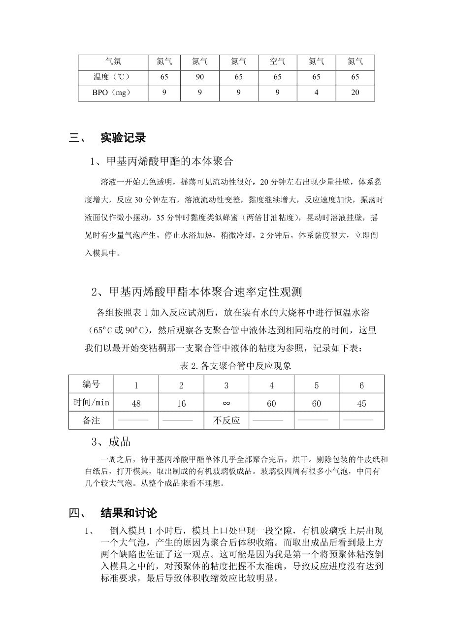 酒店家具与甲基丙烯酸甲酯树脂调和反应各期的变化实验报告