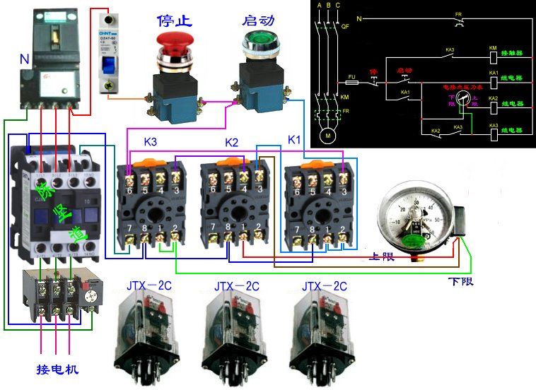 镜子与用压力表和交流接触器控制水泵