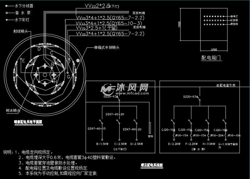 电源线与喷泉泵配电系统图