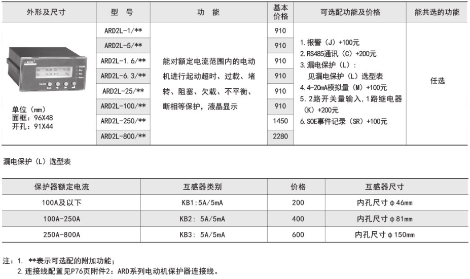 电动机保护器与温度变送器铭牌