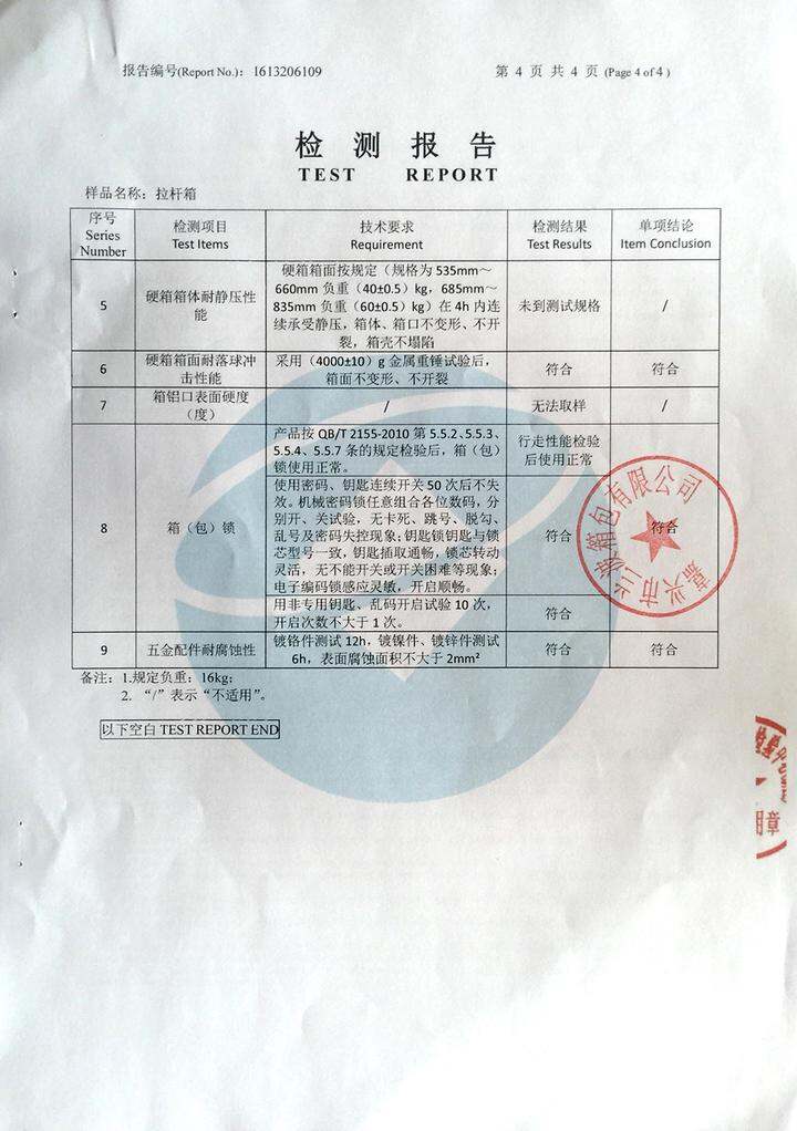 行李包与门吸检验报告