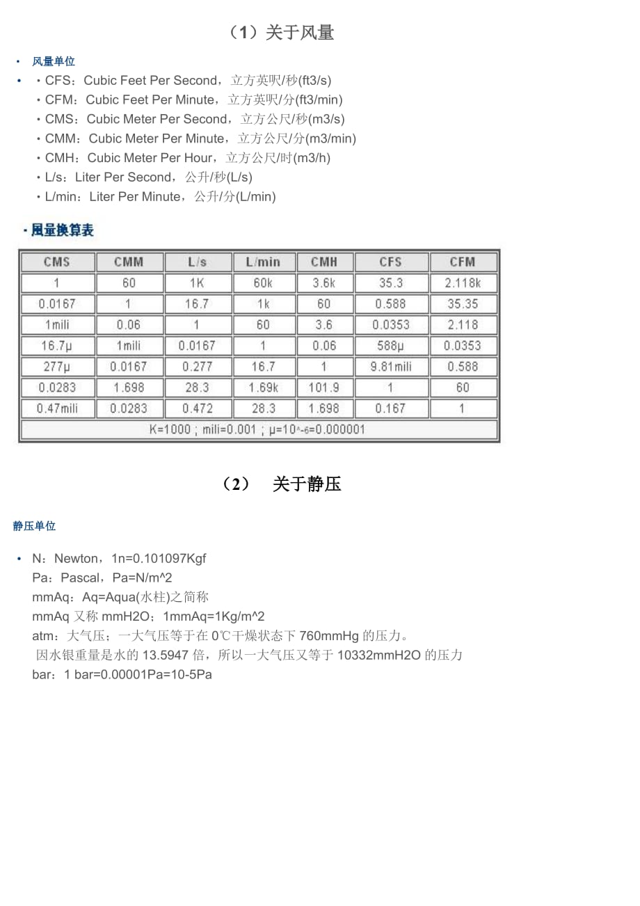 偶联剂与风量单位换算表