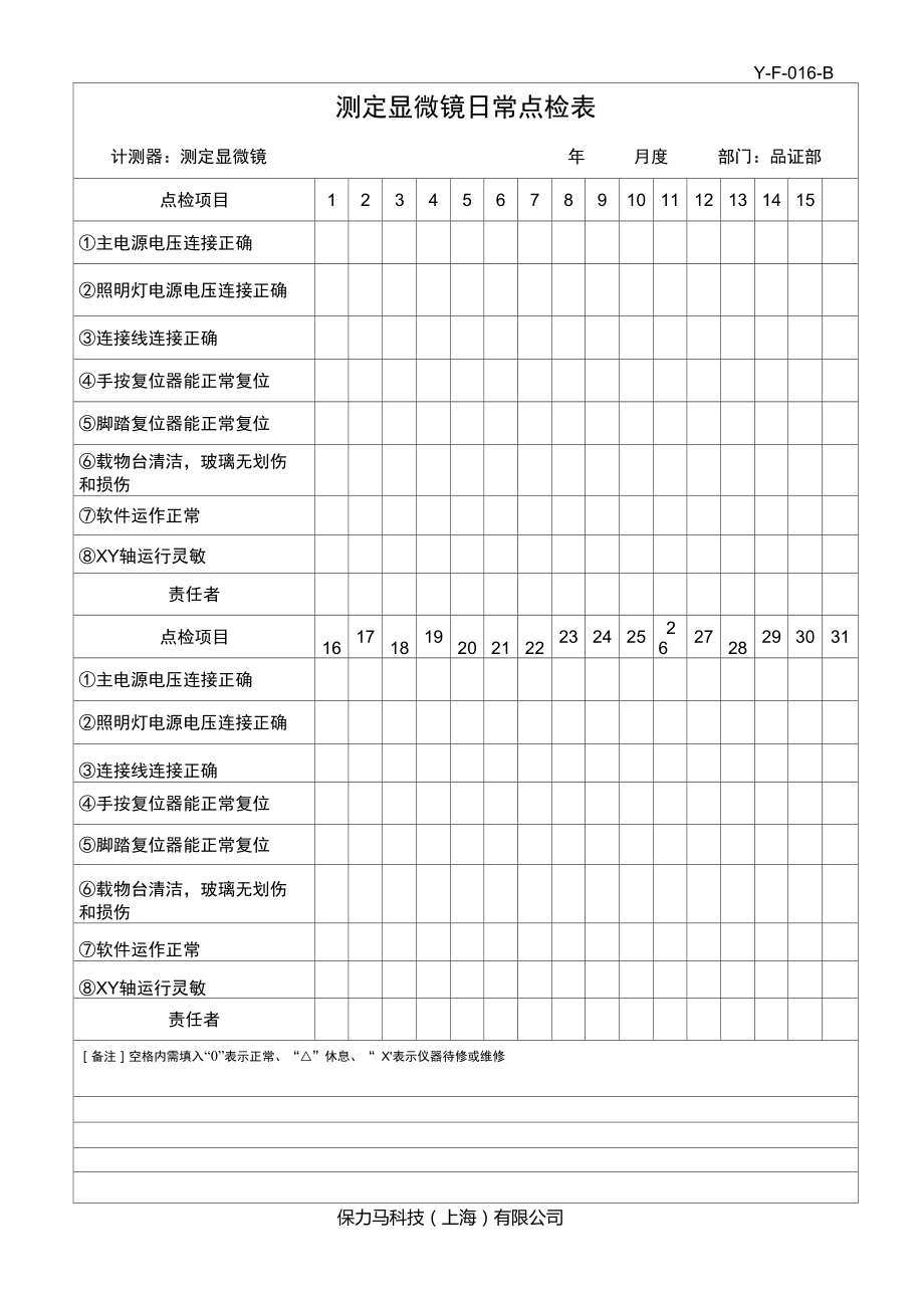 镜类与排气分析仪日常检查表格