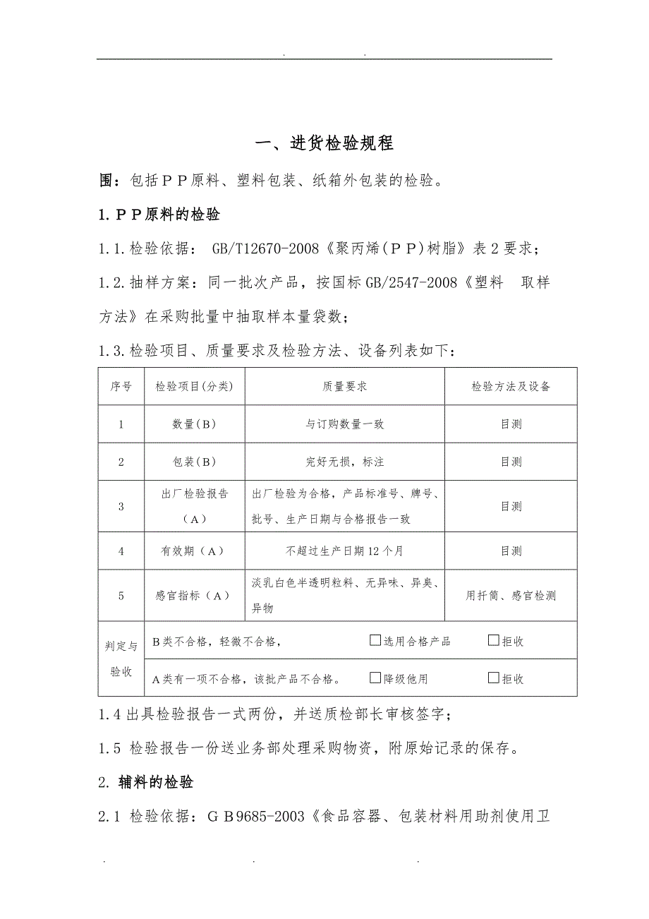 一次性用品验收标准