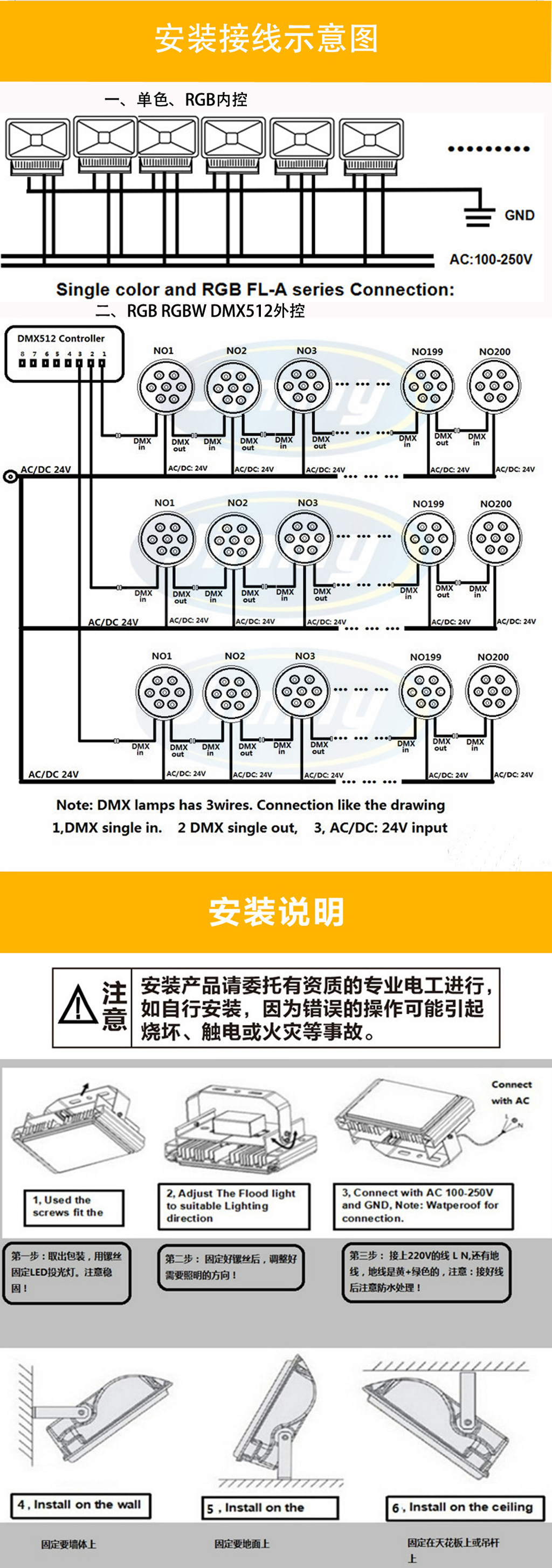 投射灯接线方法