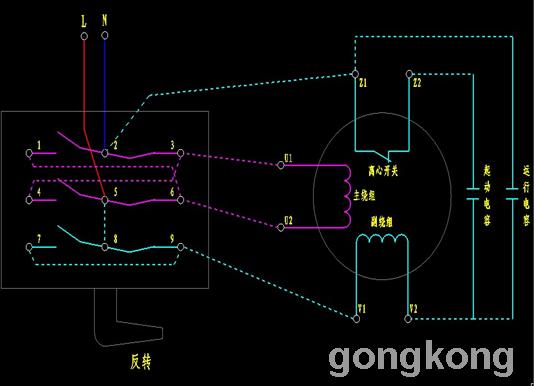 用倒顺开关控制单相电机的原理图