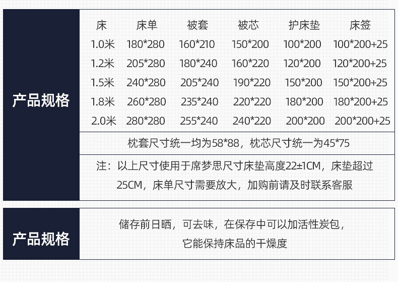 酒店客房床上用品规格