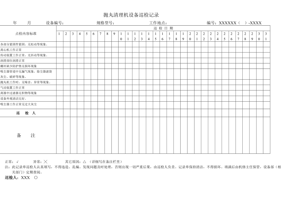 抛丸机日常点检表